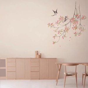 新中式清新淡雅水墨海棠花鸟壁纸客厅背景墙壁布沙发卧室环保墙布