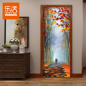 个性油画风景门贴纸客厅木门翻新创意自粘装饰画防水门贴画卧室