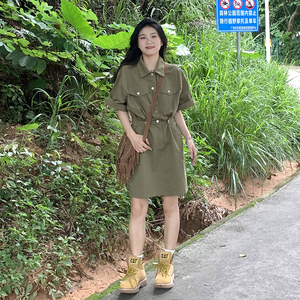 橘子树在哪儿军绿色工装风短袖连衣裙女夏宽松山系polo衬衫裙中款