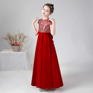 儿童礼服公主裙女大童合唱指挥晚礼服新年小主持人团体演出服红色