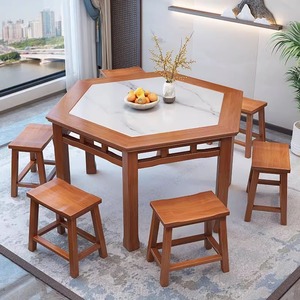 六角桌实木六边形餐桌椅子饭店新中式仿古原木茶楼吃饭桌子八仙桌