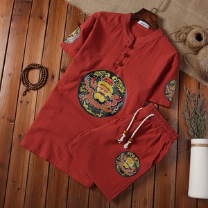 夏天男士中国风亚麻短袖t恤两件套本命年红色龙袍夏装棉麻套装潮