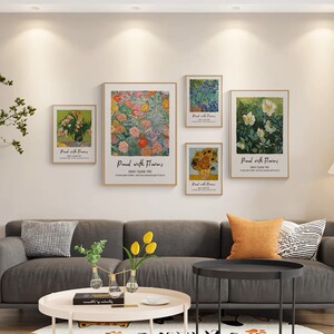 梵高装饰画玫瑰花油画沙发背景墙画丰收麦田名画客厅艺术组合挂画