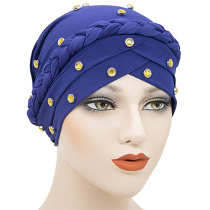 新款印度头巾帽高档钉珠辫子帽阿拉伯纯色化疗帽新疆民族女包头帽