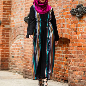 新款穆斯长袍女彩色竖条巴基斯坦服装亮片刺绣雪纺拼接沙特祈祷服