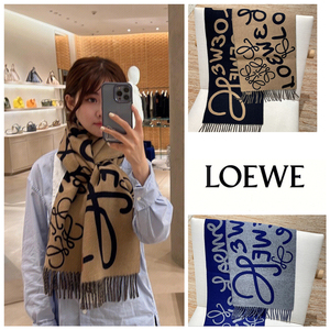 代购loewe/罗意威22fw新款logo双面涂鸦流苏羊毛羊绒围巾围脖男女