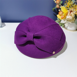 法式复古蝴蝶结硬顶贝雷帽羊毛毡空姐帽紫色画家帽优雅蓓蕾帽女冬