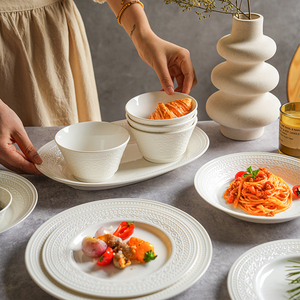 舍里法式复古碗碟组合家用纯白色浮雕陶瓷饭碗面碗平盘西餐盘鱼盘