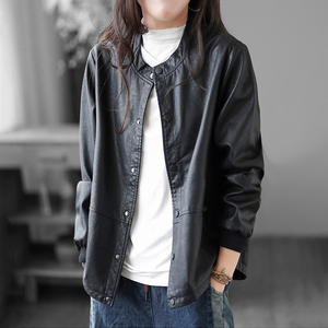 mapping*香港女装复古日系文艺宽松显瘦圆领夹克休闲纽扣皮衣外套