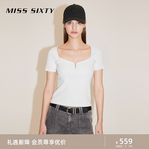 Miss Sixty2024春季新款针织衫女桃心方领性感修身显瘦短袖上衣