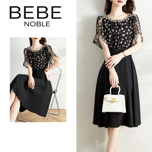 BEBE NOBLE假两件拼接碎花雪纺连衣裙女高腰显瘦气质中长款a字裙