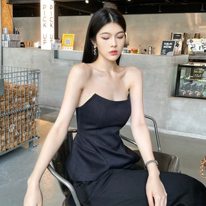 sunny黑色性感抹胸上衣女夏季设计感小众气质美背一字肩背心内搭