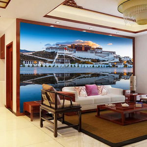 西藏唐卡电视背景墙壁画定制坛城佛堂咒轮布达拉宫装饰画墙布防水