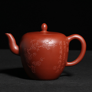 宜兴紫砂壶纯手工大红袍朱泥名家李国忠茶壶茶具单品刻绘美人肩壶