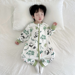 熊猫宝宝纯棉连体睡衣薄款男女童长袖儿童夏季睡袋空调服2024新款