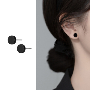 S925纯银黑色玛瑙圆形耳钉男女简约小巧几何小众设计耳饰品新款潮