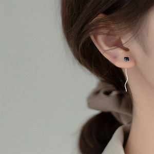 S925纯银耳线女日韩版简约气质波浪小清新几何方块形小众设计耳饰