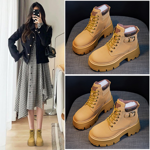 000人付款淘宝2022秋季奥伦女鞋马丁靴厚底真皮女短靴爆款全牛皮8cm