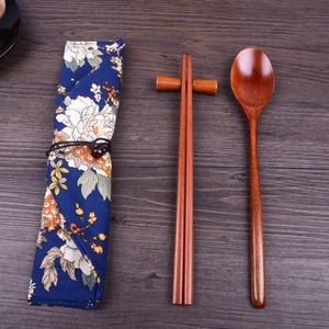 筷勺套装实木筷子勺子叉子牡丹袋子便携环保婚庆旅行情侣礼品餐具