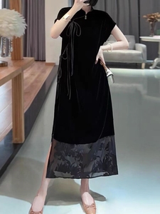 中式改良斜襟系带平安扣旗袍裙长款女宽松大码黑色真丝丝绒连衣裙