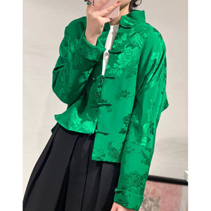 真丝提花短褂外套春秋中国风复古新中式盘扣对襟立领宽松唐装上衣