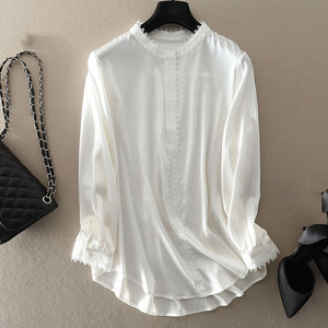 品牌折扣清仓专柜重磅双乔弹力真丝衬衣女蕾丝立领优雅显瘦打底衫