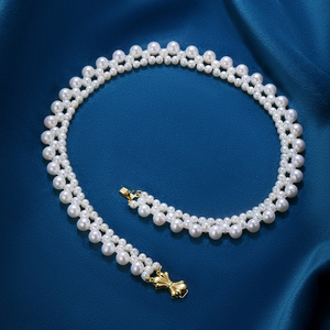 千叶珠宝合金淡水珠珍珠项链 蝴蝶结扣蕾丝编织设计 时尚项链 dx