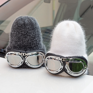 韩版百搭毛线帽子女兔毛加厚滑雪帽带眼镜的飞行员甜美可爱秋冬天