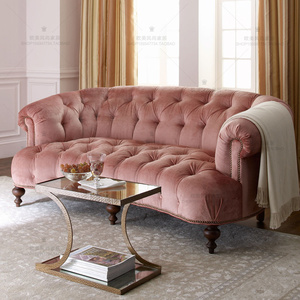 美式乡村布艺双人拉扣沙发 法式三人沙发小户型客厅组合沙发粉色
