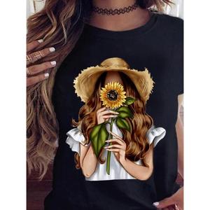 Sunflower Girl T Shirt时尚女装T恤向日葵女孩休闲黑色短袖上衣