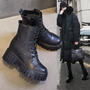 品牌冬季奥伦女鞋真皮内增高防滑短靴中筒百搭网红马丁靴女棉鞋
