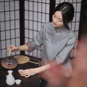 亚麻盘扣中式上衣中国风春夏茶服禅意民国女装禅服素衣茶艺师服装