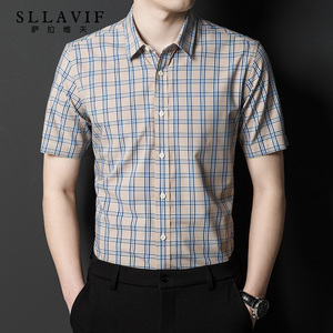 萨拉维夫品牌格子衬衫男短袖夏季中青年商务休闲修身男士衬衣外套