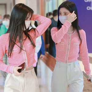 2021明星同款气质显瘦短款毛衣女鞠婧祎粉色甜美时尚减龄针织开衫