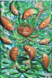 九鱼牡丹挂件精雕图牡丹鲤鱼玉雕46牌浮雕灰度图雕刻图