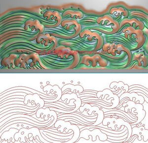 波浪海浪精雕图浪花水纹波纹横版围板浮雕图灰度图bmp纹理雕刻