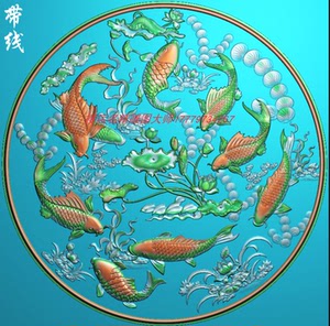 精雕图jdp圆形鲤鱼木雕石雕浮雕挂屏九鲤荷花鱼圆盘屏风灰度图bmp