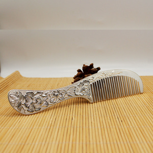 版纳傣族雪花足银s999带柄立体牡丹银梳子大号105g手工纯银银饰