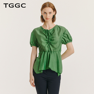 TGGC/台绣短袖t恤女2024夏季新款收腰显瘦泡泡袖荷叶边设计女上衣