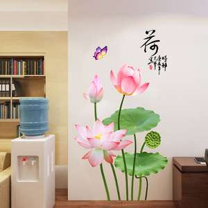 中式荷花背景墙壁贴画房间墙面装饰品卧室温馨贴纸出租房自粘墙纸