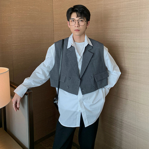 hualun春秋痞帅假两件马甲拼衬衫男长袖韩版潮流帅气高级感衬衣潮