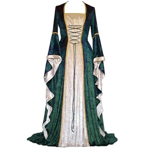 欧美新款金丝绒绑带喇叭袖复古中世纪长款连衣裙女装舞台表演长裙