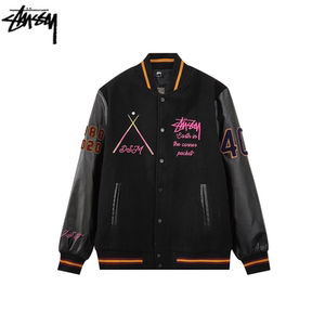 stussy限定棒球服夹克男斯图西高端美式黑8台球加厚夹棉pu皮外套