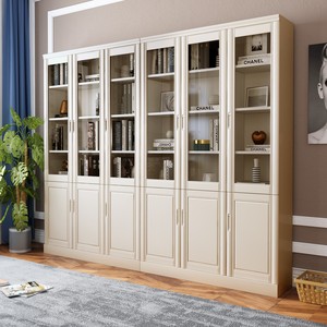 全实木书柜子书架书橱带玻璃门现代简约中式组合橡木落地白色储物