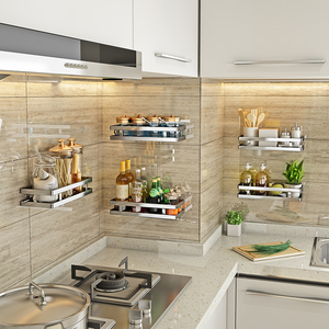 304不锈钢厨房调料置物架壁挂式免打孔 单层家用调味品料收纳架子