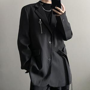 暗黑系ins嘻哈高街潮人设计感绑带西装外套男女 宽松oversize西服