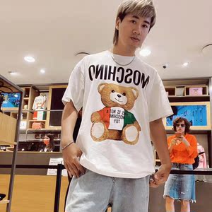 莫家印花别针小熊明星款短袖 2021ss宽松休闲男女潮牌t恤45人付款68