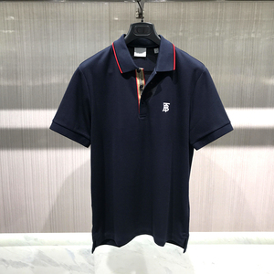 现货 burberry/博柏利 春夏款字母bt刺绣深蓝色男士短袖polo衫