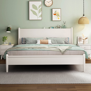 现代简约白色全纯实木床1.8直背床一米五北欧风格双人床家用家具