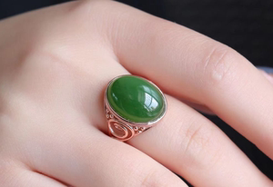 玉戒指女复古开口戒指可调节天然碧玉项链套装送妈妈礼物高档首饰